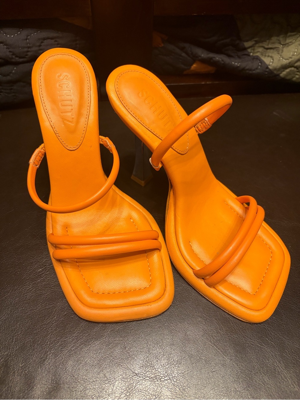SCHUTZ Vibrant Orange Double-Strap Square-Toe Heels